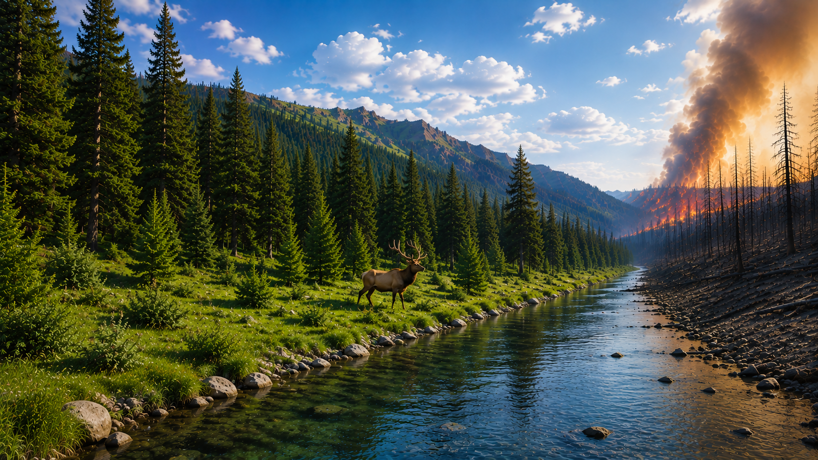 Bull elk on a green riverbank with healthy pine forest and a distant wildfire
